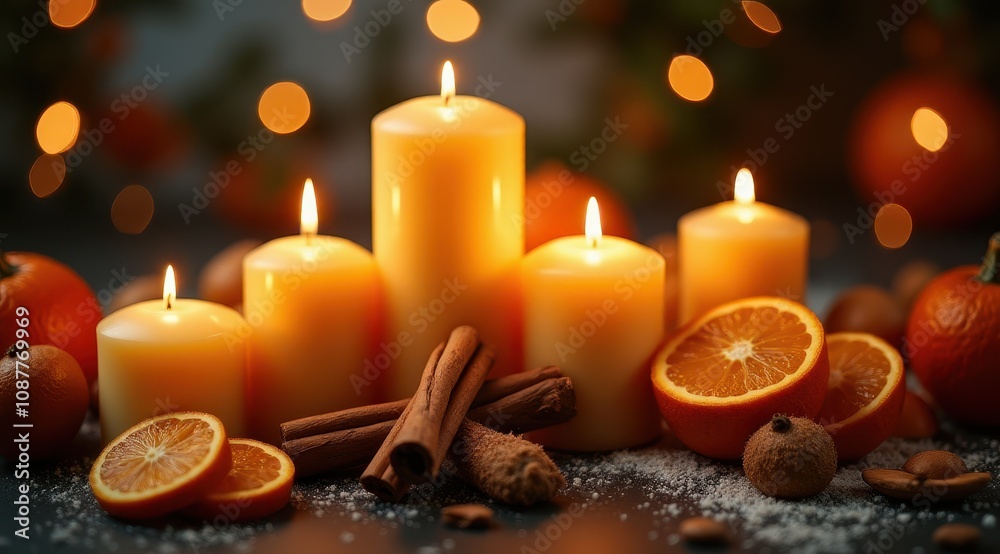 Cozy image of lit candles surrounded by fresh oranges, cinnamon sticks, and festive bokeh lights, creating a warm, inviting atmosphere Cozy image of lit candles surrounded by fresh oranges, cinnamon sticks, and festive bokeh lights, creating a warm, inviting atmosphere