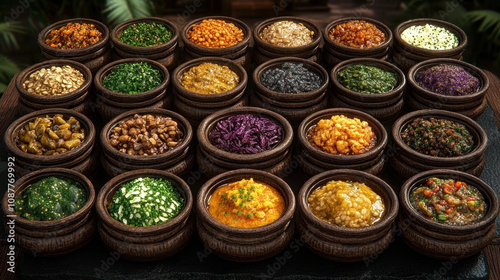 A vibrant display of various colorful dishes. A vibrant display of various colorful dishes.