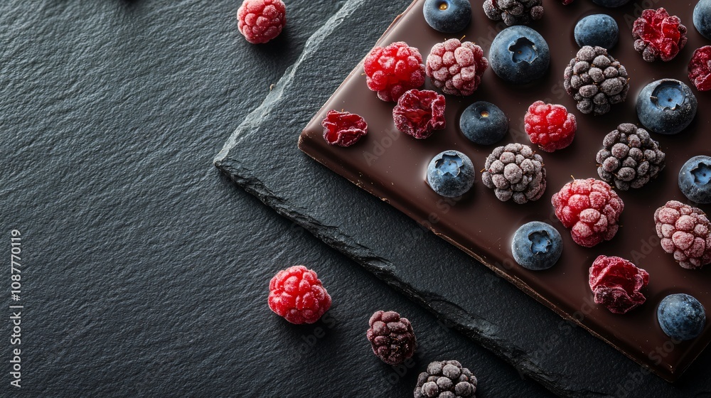 A colorful chocolate bar with freeze-dried berries on top, isolated on a dark slate background with berry accents A colorful chocolate bar with freeze-dried berries on top, isolated on a dark slate background with berry accents
