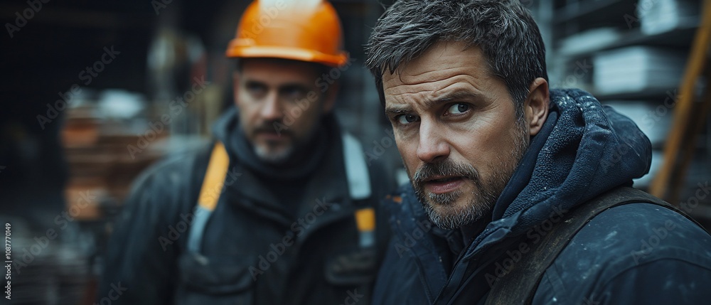 Two men in work attire, one with a helmet, in a construction or industrial setting. Two men in work attire, one with a helmet, in a construction or industrial setting.