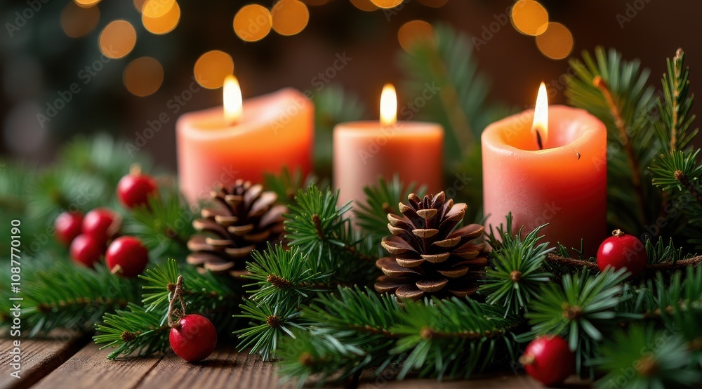 Red Christmas candles surrounded by festive greenery and berries for a warm holiday feel Red Christmas candles surrounded by festive greenery and berries for a warm holiday feel
