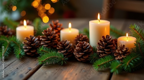 Festive arrangement of lit candles, pinecones, and evergreen branches on a wooden surface with bokeh lights in the background