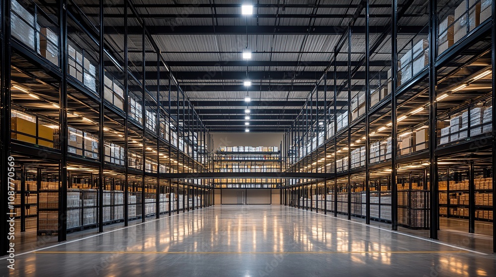 A spacious warehouse interior with high shelves and bright lighting for storage purposes. A spacious warehouse interior with high shelves and bright lighting for storage purposes.