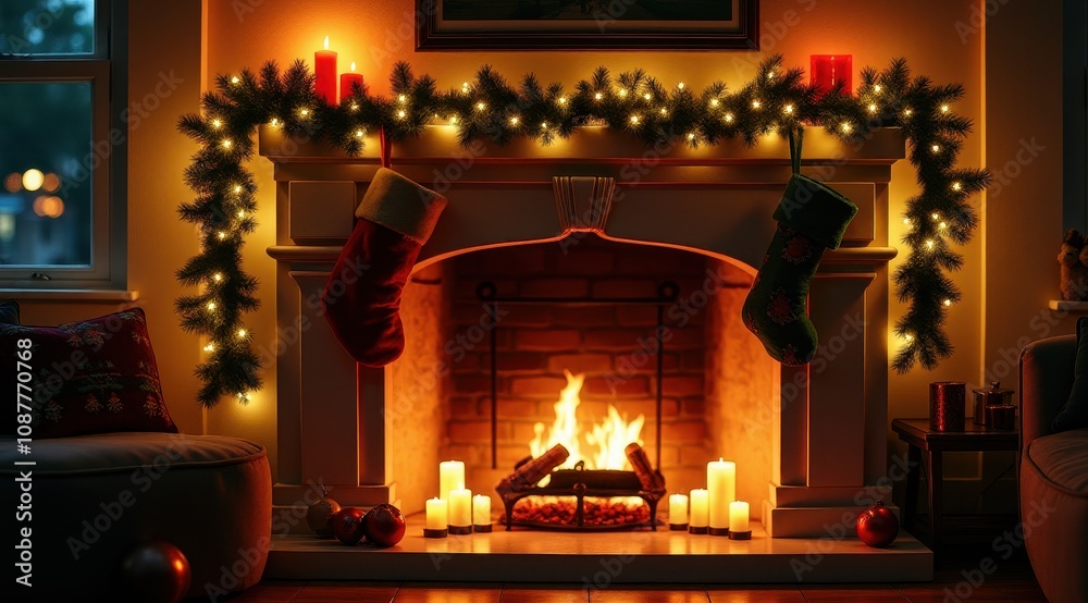 A cozy holiday scene with stockings hanging on a fireplace mantle, surrounded by festive decorations A cozy holiday scene with stockings hanging on a fireplace mantle, surrounded by festive decorations