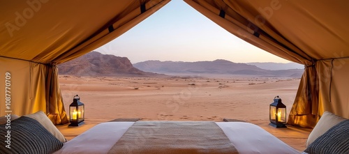 View from the lounge of Anouska One, an elegant luxury tented camp in Wadi Rum desert photo