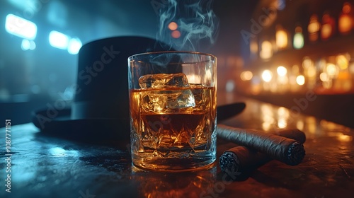 Gglass of whiskey, cigar and black hat photo