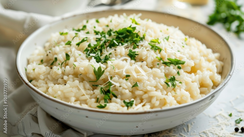 A picturesque bowl of creamy risotto garnished with fresh herbs and grated Parmesan cheese, Risotto plated in a mound shape A picturesque bowl of creamy risotto garnished with fresh herbs and grated Parmesan cheese, Risotto plated in a mound shape