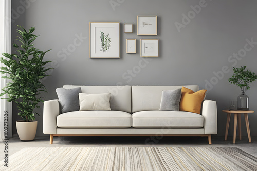 Stylish sofa, plants, and wall art in a contemporary living room.