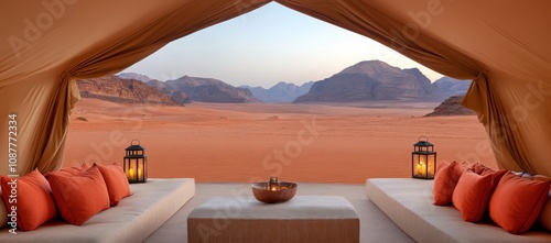 View from the lounge of Anouska One, an elegant luxury tented camp in Wadi Rum desert photo