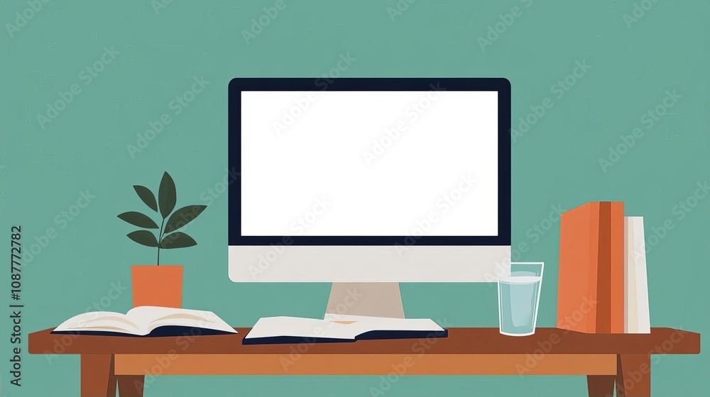 Modern Workspace Desk Setup with Computer Books and Plant Modern Workspace Desk Setup with Computer Books and Plant
