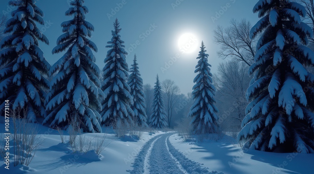 A peaceful snowy path illuminated by the full moon, surrounded by bare winter trees in a tranquil setting A peaceful snowy path illuminated by the full moon, surrounded by bare winter trees in a tranquil setting