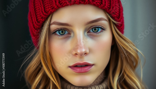 Young Woman with Long Blonde Hair in Red Knitted Beanie and Beige Turtleneck Sweater with Serious Expression and Bright Red Lips, Blurred Background