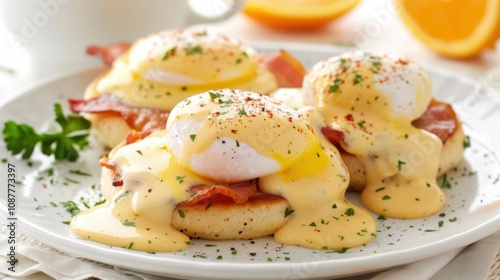 A plate of creamy eggs benedict with poached eggs, Canadian bacon