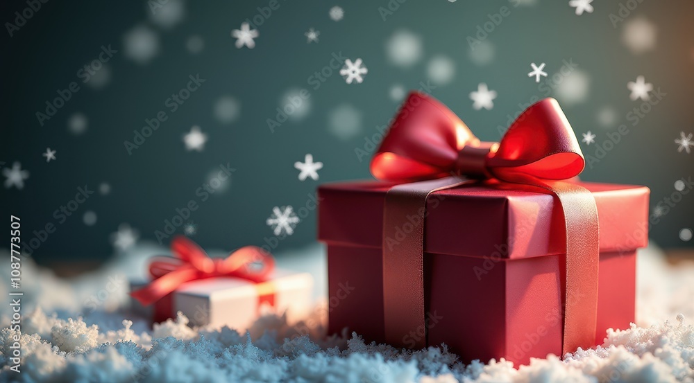Christmas gift wrapped in festive paper with a red bow surrounded by falling snowflakes Christmas gift wrapped in festive paper with a red bow surrounded by falling snowflakes