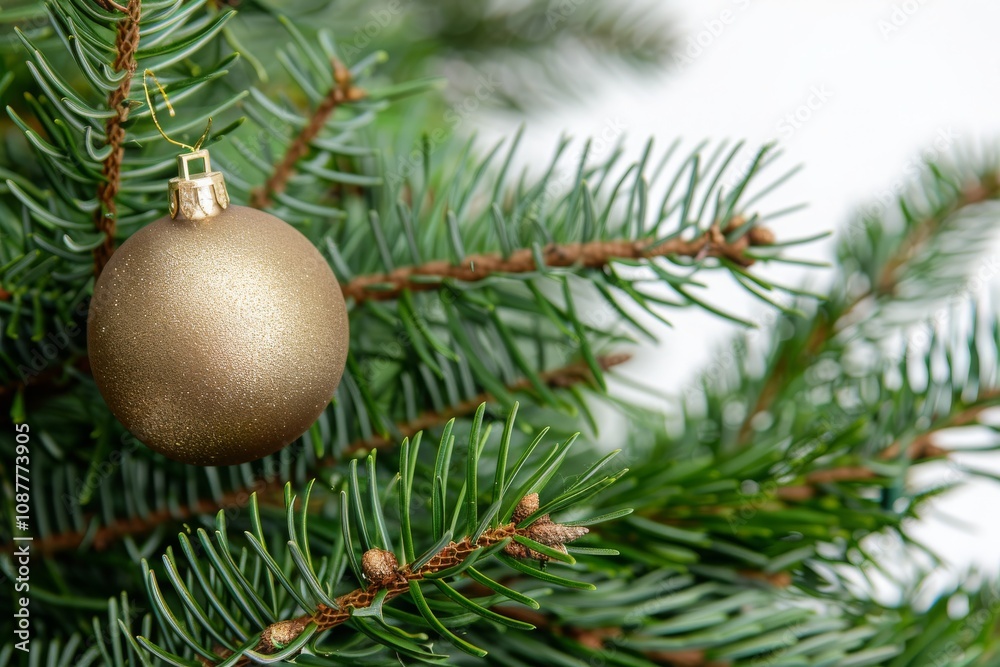 Bauble on Green Christmas Fir Tree frame on white background. MZ Bauble on Green Christmas Fir Tree frame on white background. MZ