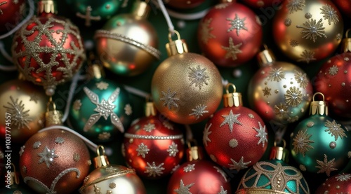 Vibrant and ornate Christmas ornaments in red, green, and gold showcase intricate designs, perfect for festive decoration ideas and holiday inspiration