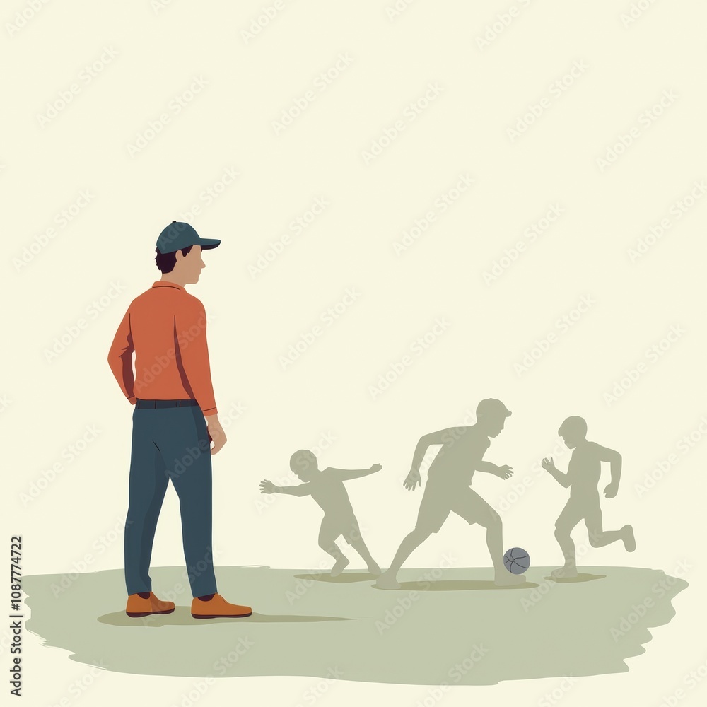 Coach on the sidelines represented by simple shapes and a limited color palette Coach on the sidelines represented by simple shapes and a limited color palette