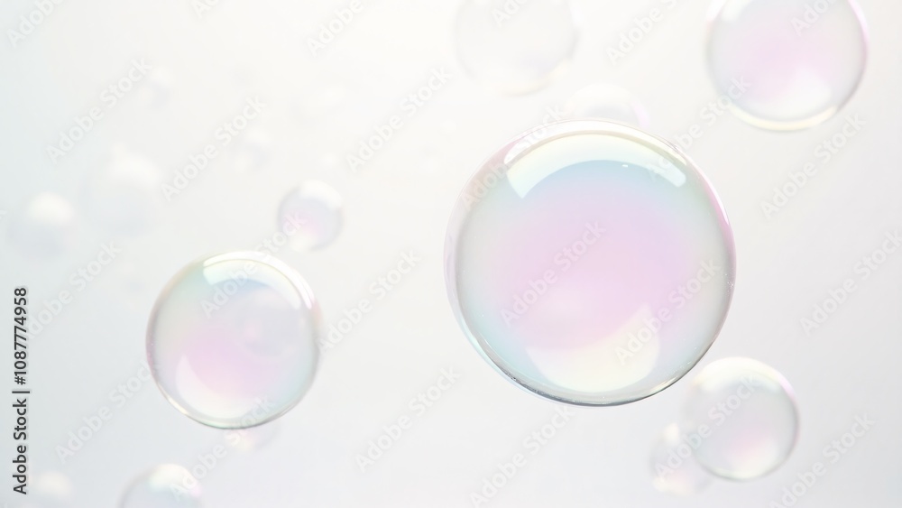 Close-up of colorful, translucent soap bubbles with iridescent reflections floating against a bright white background. Perfect for themes of purity, playfulness, and lightness. Ideal for creative, abs Close-up of colorful, translucent soap bubbles with iridescent reflections floating against a bright white background. Perfect for themes of purity, playfulness, and lightness. Ideal for creative, abs