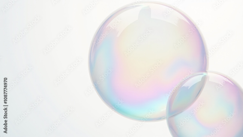 Close-up of colorful, translucent soap bubbles with iridescent reflections floating against a bright white background. Perfect for themes of purity, playfulness, and lightness. Ideal for creative, abs Close-up of colorful, translucent soap bubbles with iridescent reflections floating against a bright white background. Perfect for themes of purity, playfulness, and lightness. Ideal for creative, abs