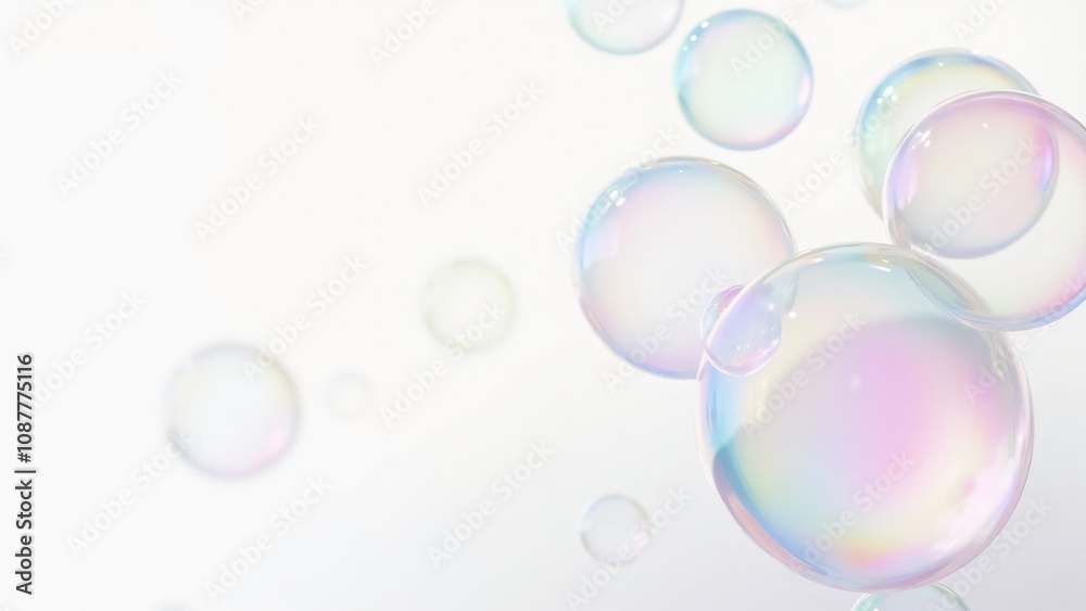 Close-up of colorful, translucent soap bubbles with iridescent reflections floating against a bright white background. Perfect for themes of purity, playfulness, and lightness. Ideal for creative, abs Close-up of colorful, translucent soap bubbles with iridescent reflections floating against a bright white background. Perfect for themes of purity, playfulness, and lightness. Ideal for creative, abs
