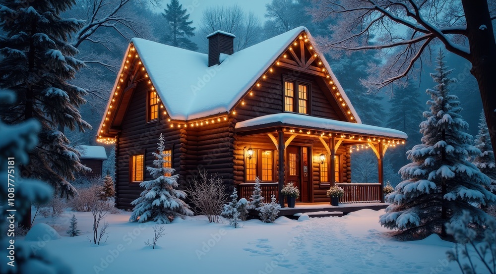 Cozy cabin in the snow with glowing lights and warm holiday decorations on a winter night Cozy cabin in the snow with glowing lights and warm holiday decorations on a winter night