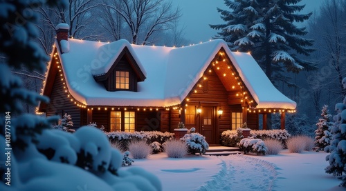 Cozy cabin in the snow with glowing lights and warm holiday decorations on a winter night