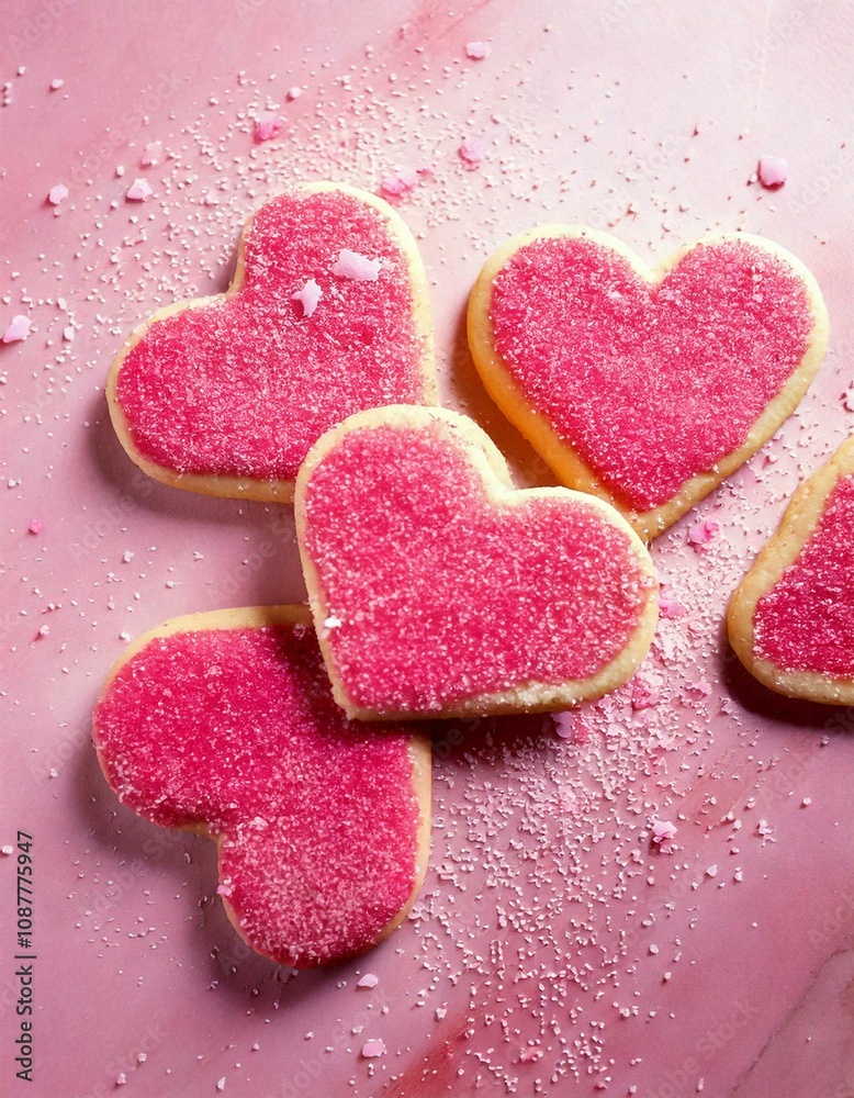 Obraz premium Stamped Heart Cut-Out Cookies with Pink Sugar on a Pink Marble Background