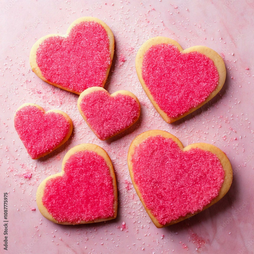 Stamped Heart Cut-Out Cookies with Pink Sugar on a Pink Marble Background Stamped Heart Cut-Out Cookies with Pink Sugar on a Pink Marble Background
