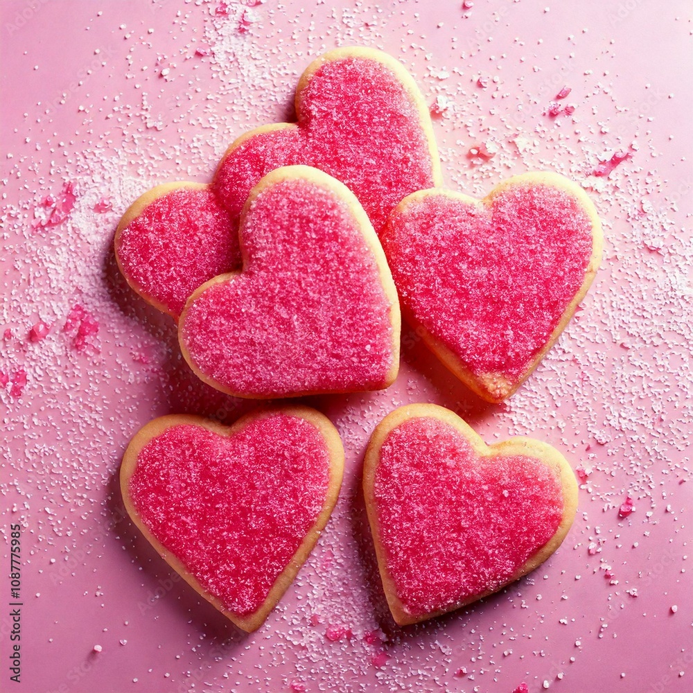 Fototapeta premium Stamped Heart Cut-Out Cookies with Pink Sugar on a Pink Marble Background