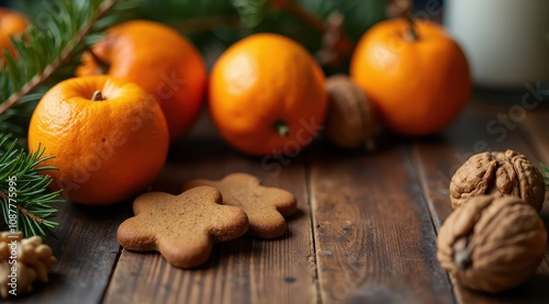 Assorted fresh tangerines, gingerbread cookies, walnuts, and pine branches on rustic wooden table evoke a cozy holiday atmosphere