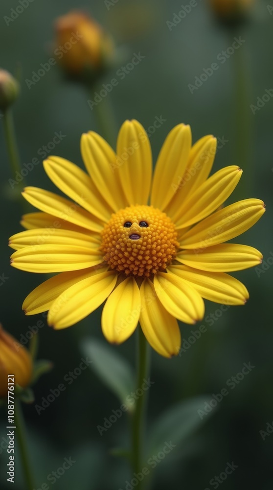 Obraz premium A single chamomile flower with a detailed human-like face in the center of the yellow petals. The face has a joyful, smiling expression, with a well-defined nose, eyes, and mouth. 