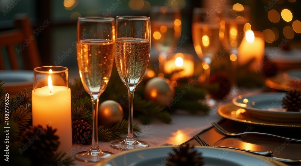 Elegant holiday dinner table with champagne glasses and candlelight reflection, surrounded by pinecones and golden ornaments Elegant holiday dinner table with champagne glasses and candlelight reflection, surrounded by pinecones and golden ornaments