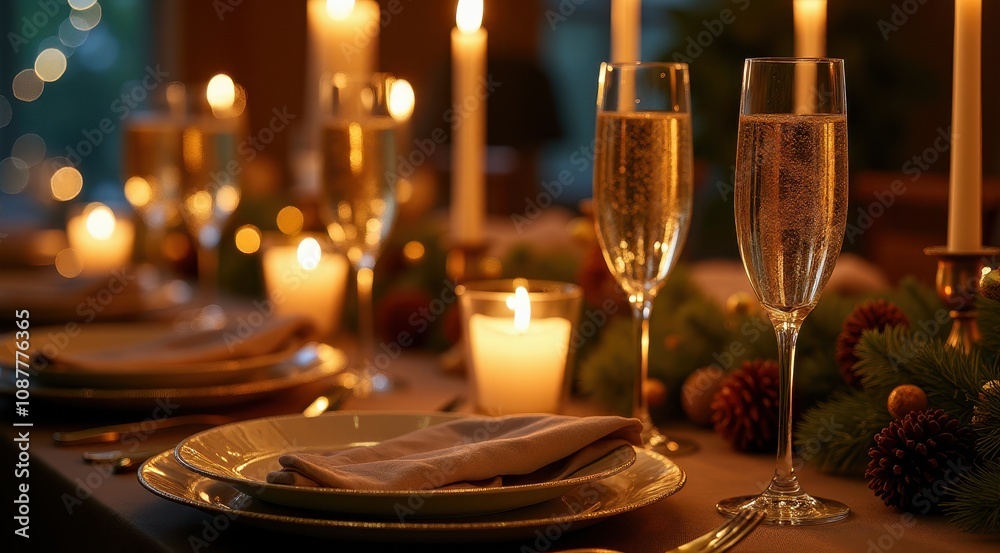 Elegant table setting with champagne glasses, candles, and festive decorations creating a warm, inviting atmosphere for a special celebration or holiday gathering Elegant table setting with champagne glasses, candles, and festive decorations creating a warm, inviting atmosphere for a special celebration or holiday gathering