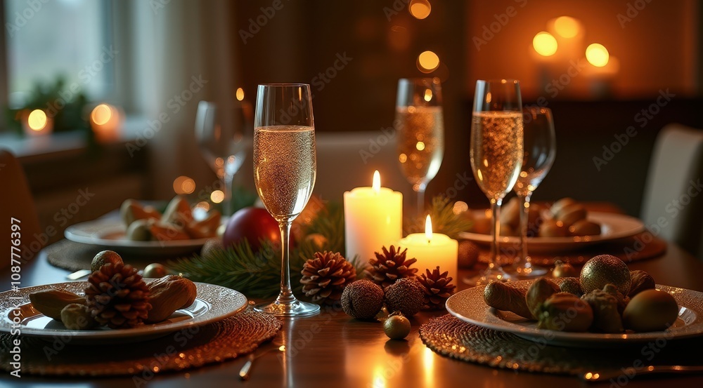 Elegant holiday table setting with candles, champagne flutes, pinecones, and festive decor creating a warm, inviting atmosphere