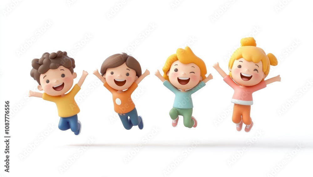4 cute cartoon characters jumping, isolated on a white background, in a 3D illustration 4 cute cartoon characters jumping, isolated on a white background, in a 3D illustration