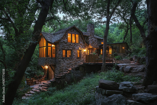 Mystical woodland dwelling with glowing windows at twilight. photo