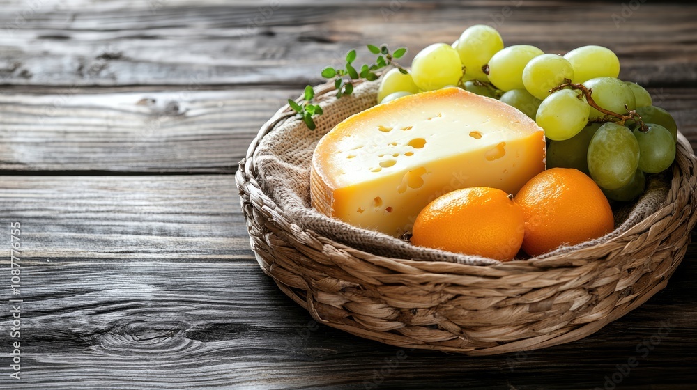 Basket of Gouda Cheese with Fresh Grapes and Apricots on Rustic Wood Table Basket of Gouda Cheese with Fresh Grapes and Apricots on Rustic Wood Table