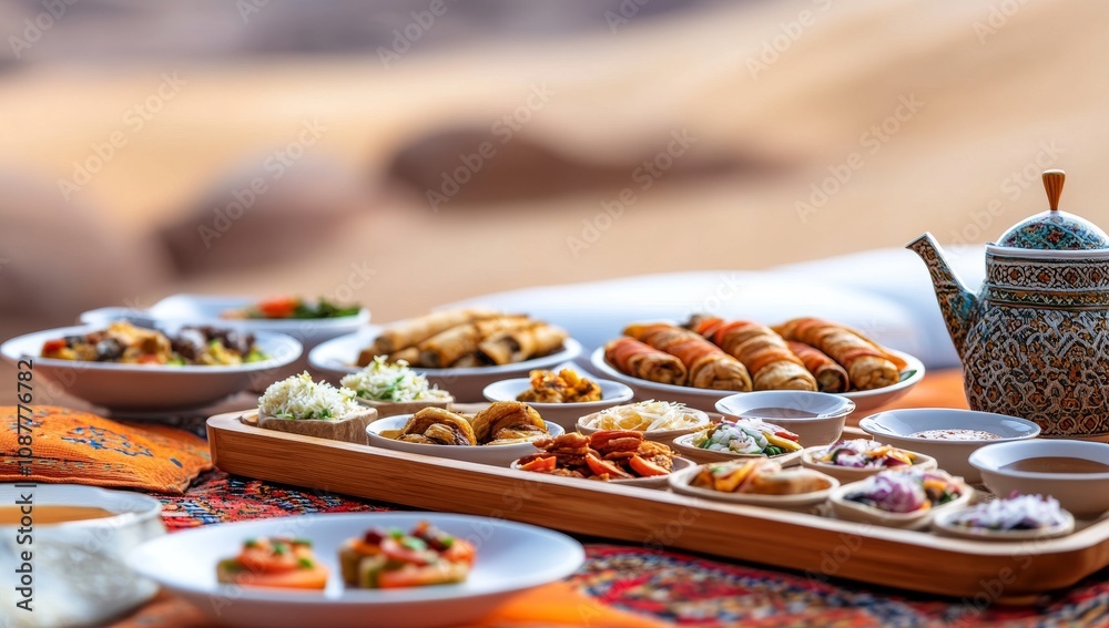 Outdoor picnic in Arabian tent with rich food and tea service on wooden tray Outdoor picnic in Arabian tent with rich food and tea service on wooden tray
