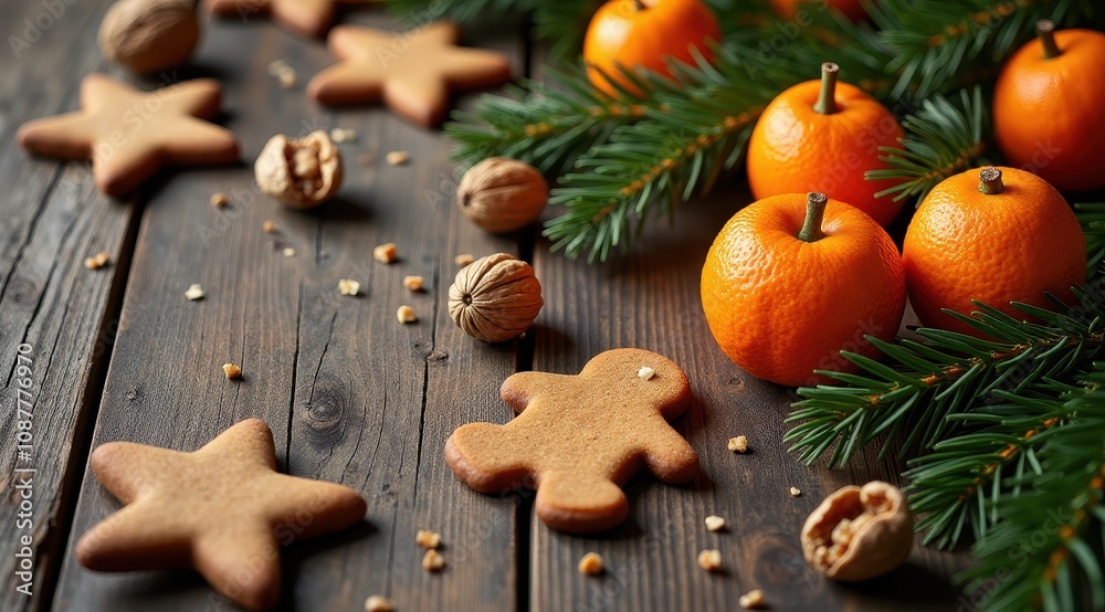 Festive gingerbread cookies, tangerines, walnuts, and evergreen branches create a cozy holiday scene on a rustic wooden table Festive gingerbread cookies, tangerines, walnuts, and evergreen branches create a cozy holiday scene on a rustic wooden table