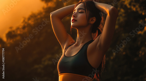 Wallpaper Mural Relaxed Woman Enjoying Sunset in Nature, Embracing Tranquility and Wellness Torontodigital.ca