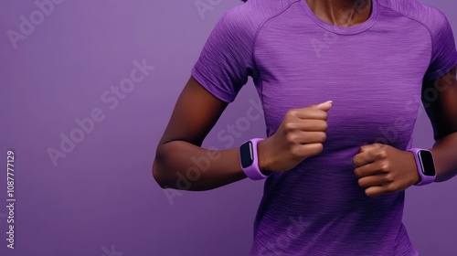 Wallpaper Mural Fitness Runner with Smartwatch in Purple Activewear Against Matching Background Torontodigital.ca