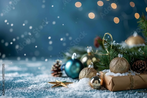 blue christmas background with snowflakes and christmas balls. Copy space backgrounds. MZ photo