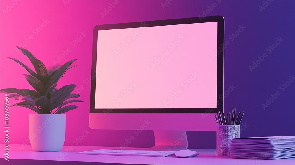 Modern Desk Setup  Pink   Purple Neon Computer Mockup
