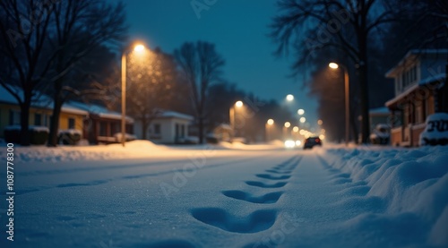 A serene winter evening street scene shows fresh snow with footprints illuminated by streetlights and distant car headlights