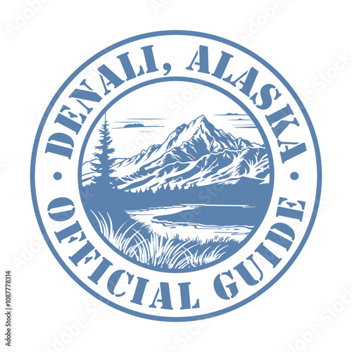 Denali, Alaska National Park, USA, Silhouette Postal Passport. Stamp Round Vector Icon. Design Travel Postmark.