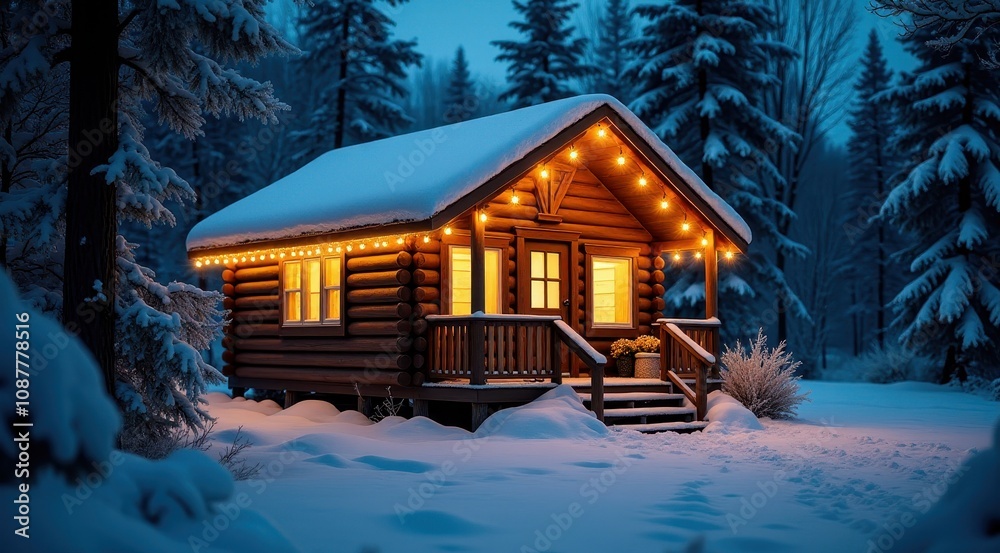 Cozy cabin in the snow with glowing lights and warm holiday decorations on a winter night Cozy cabin in the snow with glowing lights and warm holiday decorations on a winter night