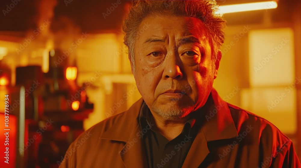 Pensive Elderly Man in Industrial Setting with Dramatic Lighting Pensive Elderly Man in Industrial Setting with Dramatic Lighting