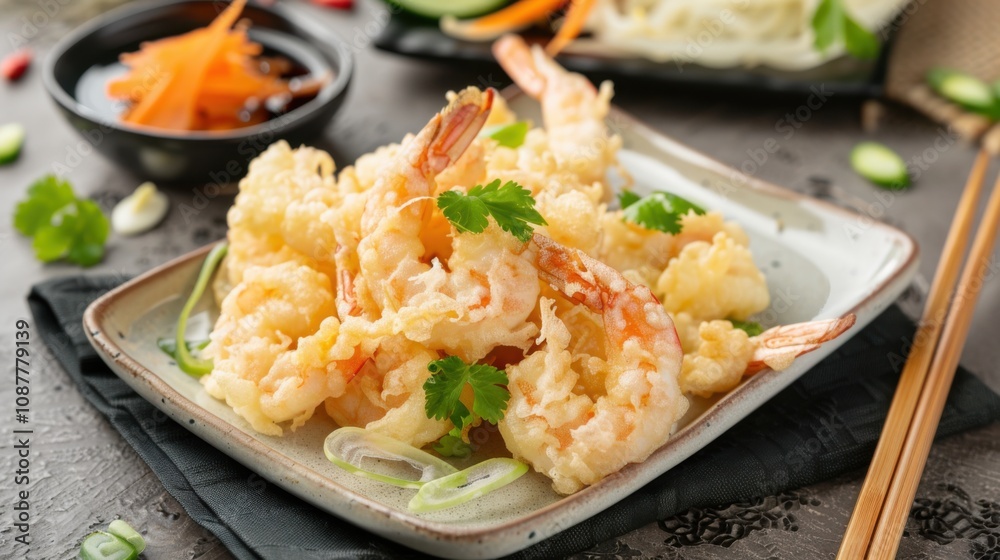 A plate of crispy tempura shrimp with a side of soy dipping sauce and pickled vegetables, Tempura shrimp centered A plate of crispy tempura shrimp with a side of soy dipping sauce and pickled vegetables, Tempura shrimp centered