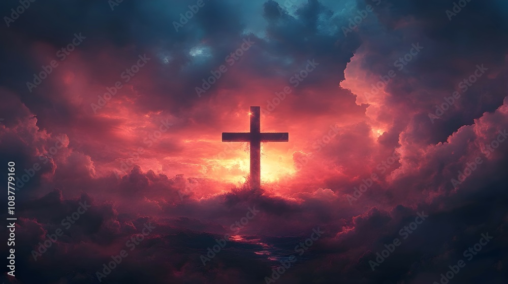 Fototapeta premium Jesus Christ cross, Christian cross on a background of dramatic sky