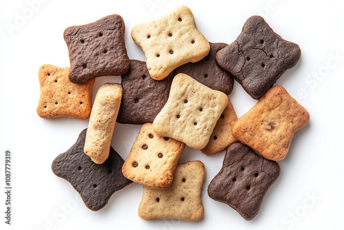 Premium dog biscuits showcasing different flavors and natural colors on seamless white background. photo